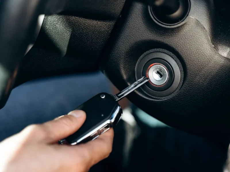 Une personne qui fait entrée une clé dans le contact d'une voiture