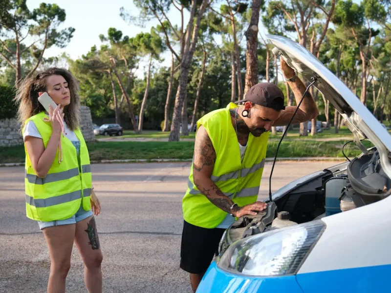 deux personnes face à une panne calculateur voiture