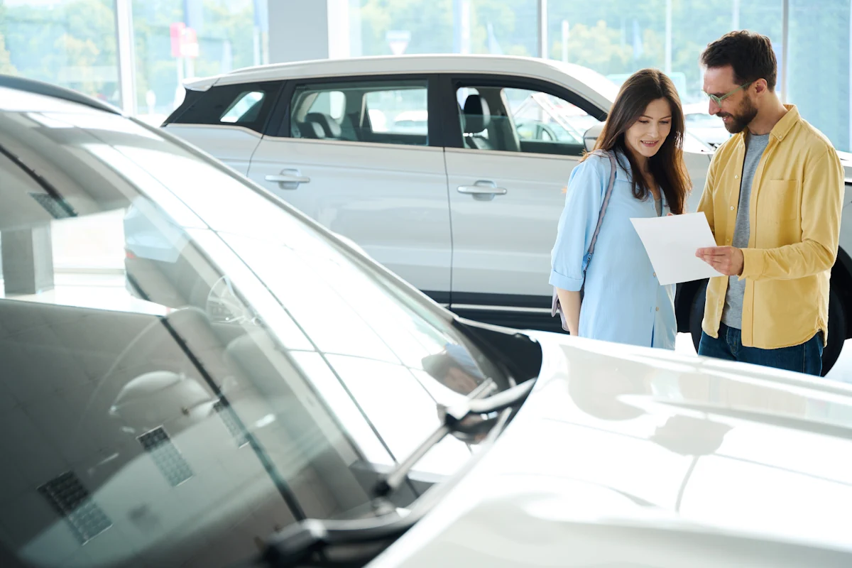 Une femme qui discute avec un vendeur pour acheter une voiture importée