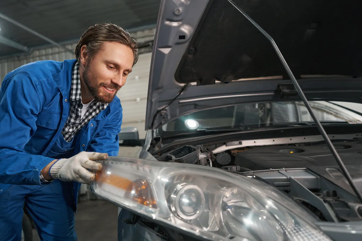 Un mécanicien qui change un phare de voiture