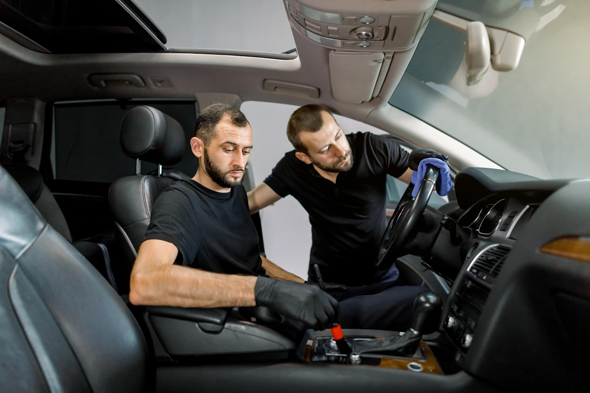 Deux réparateurs sur un système anti-démarrage voiture