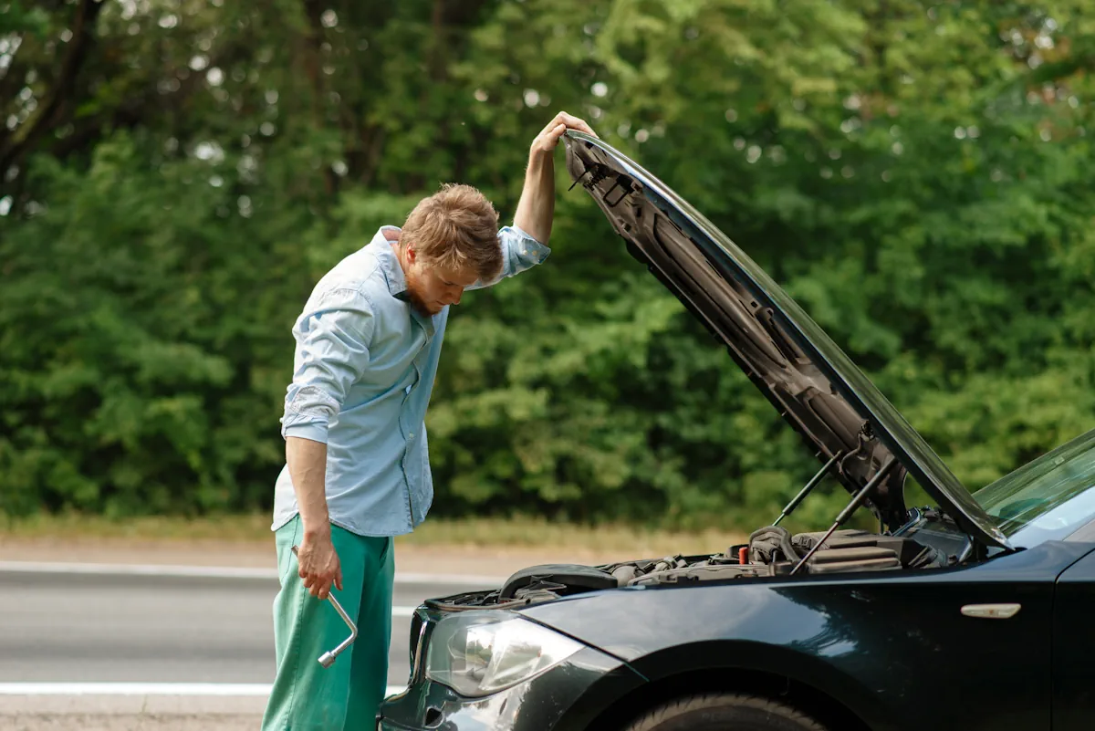 Un homme qui regarde sous le capot d'une voiture